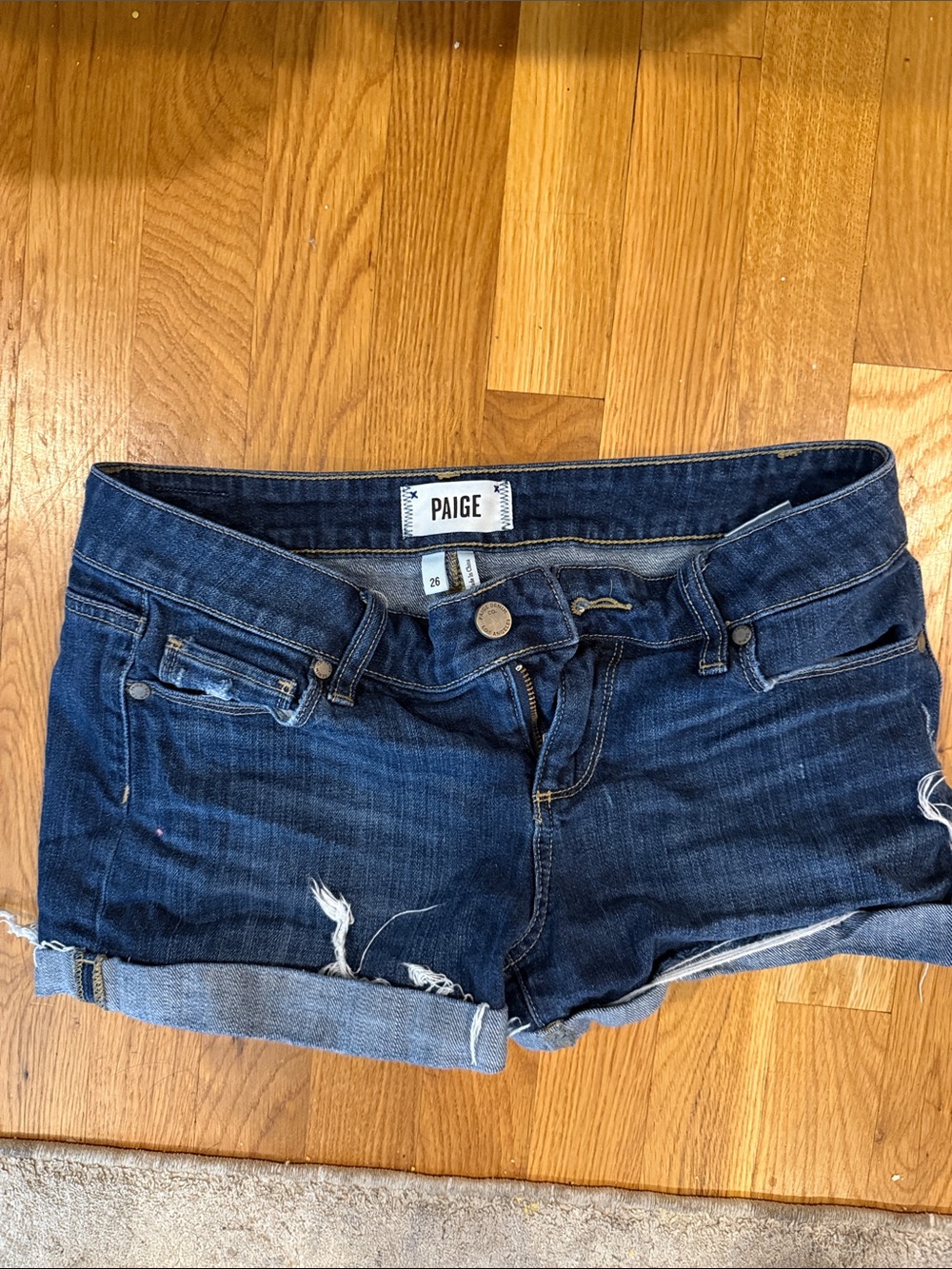 PAIGE Indigo Distressed Cuffed Denim Shorts